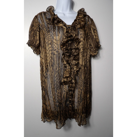 Jaipur Sheer Blouse Sz XL Ruffle Button Up Brown Black Career Casual Y2K 90s - Picture 9 of 12